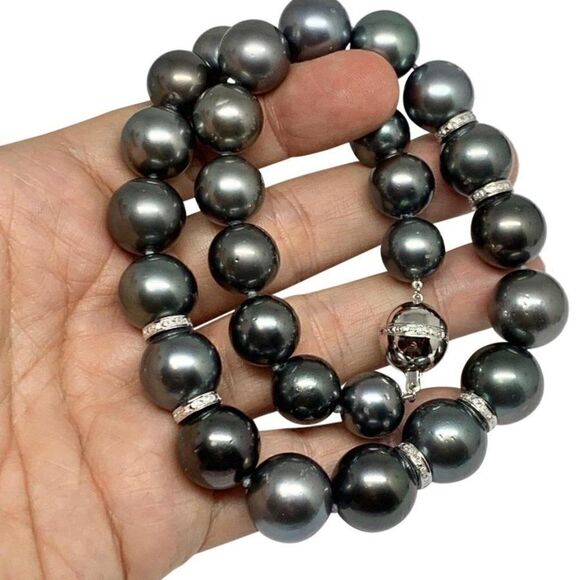 Diamond Tahitian Pearl Necklace 14k Gold 16.3 mm 16.5" Certified $24,000 914649 - Picture 5 of 8